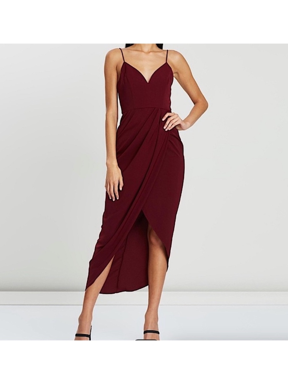 Shona Joy Core Draped Cocktail Dress Burgundy Women’s Size 8 *Altered Hem*